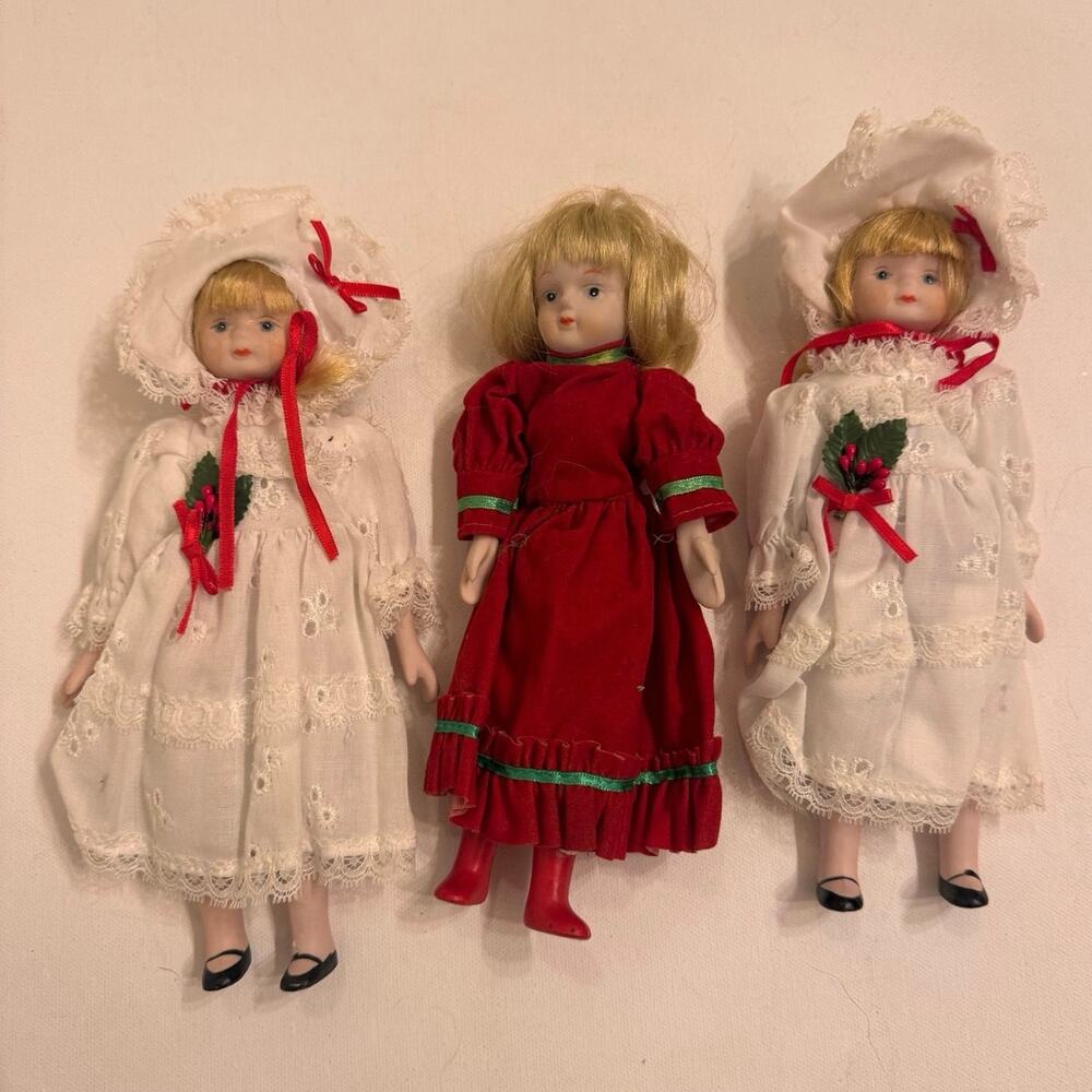 Set of 3 Vintage Porcelain 8" Christmas Holiday Dolls Made in Taiwan